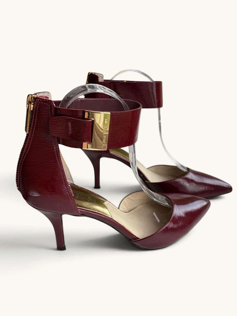 Michael Kors Burgundy Pointed-Toe Ankle-Strap Heels with Gold Accent